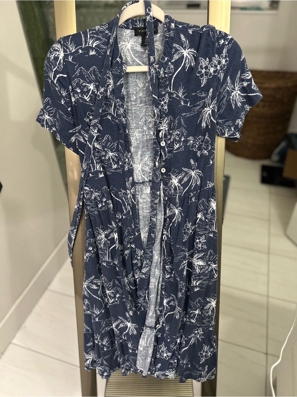 Tahari Navy and White Tropical-Print Midi Dress